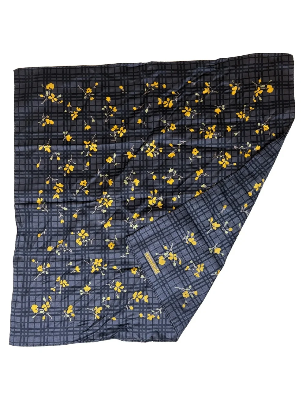Burberry Navy Plaid Silk Scarf with Yellow Floral Motif